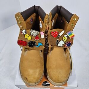 Timberland Premium 6 Inch Waterproof Boot Wheat Nubuck Custom Pins Kids 6M